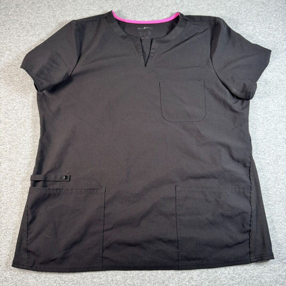 Scrubstar Women’s Scrub Top Size L Black Pink Trim 3 Pocket Stretch Medical